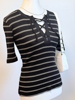 NWT Madewell Ribbed Lace-Up Short Sleeve Tee Minimalist Feminine Basics Stripes